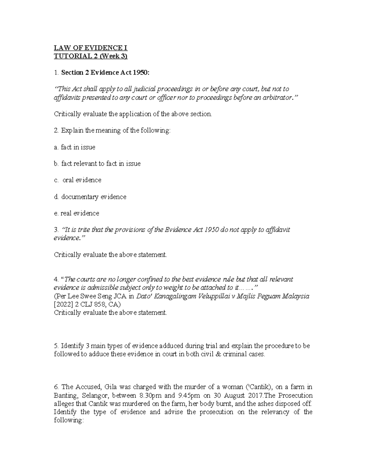 Tutorial 2 Qs EVii - LAW OF EVIDENCE I TUTORIAL 2 (Week 3) Section 2 ...