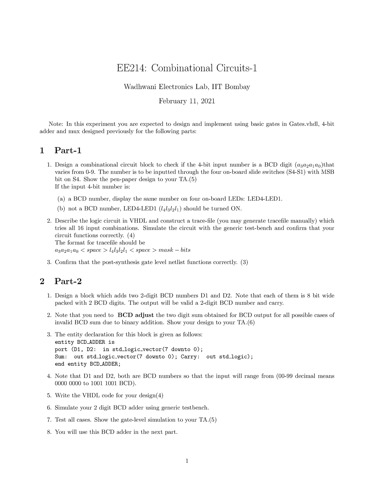 EE214 Experiment 1 PART 2 - EE214: Combinational Circuits- Wadhwani ...