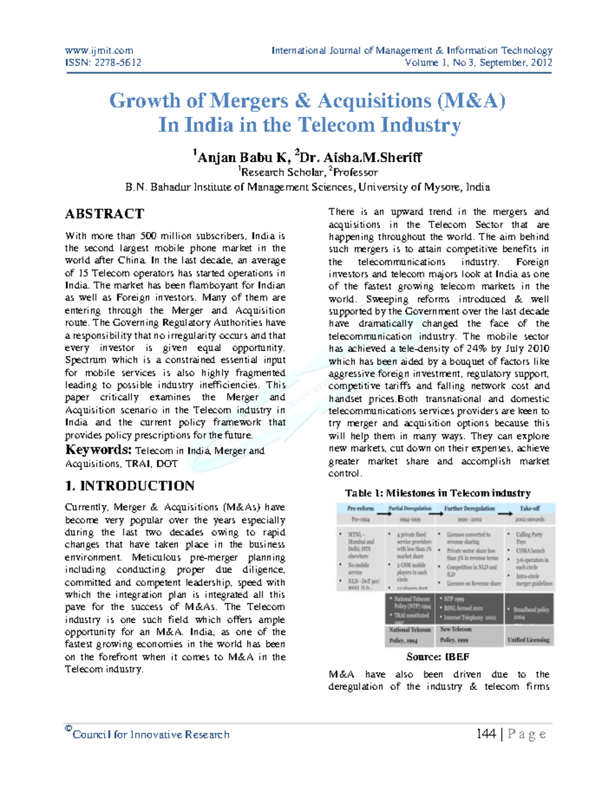 Growth of Mergers Acquisitions MA In India in the - ISSN: 2278-5612 ...