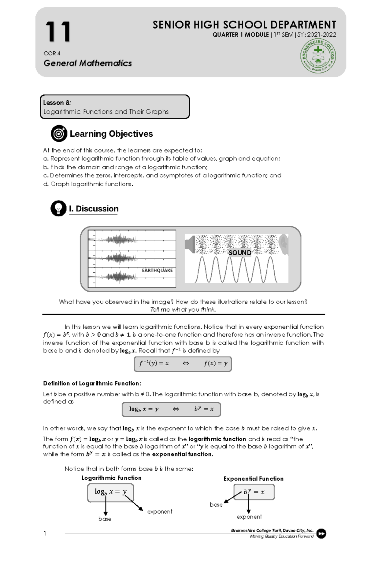 GM Lesson-8 Logarithmic-Functions-and-Their-Graphs - ####### Lesson 8 ...