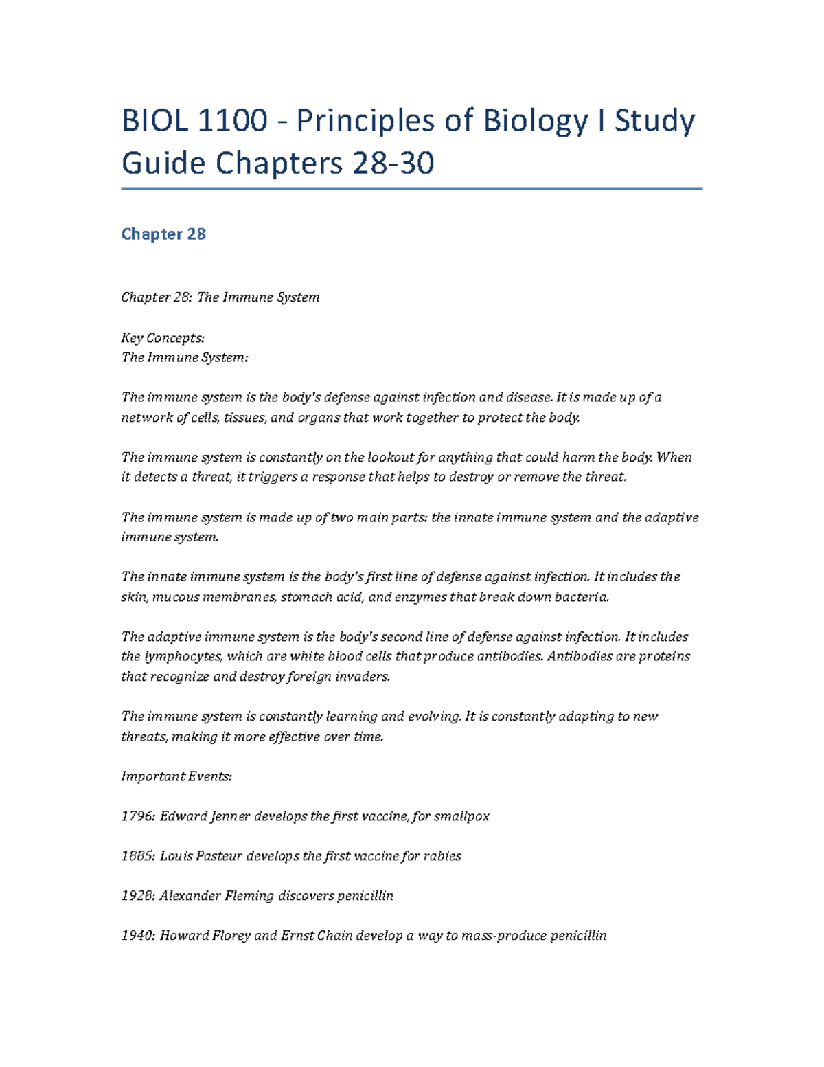 BIOL 1100 - Principles Of Biology I Study Guide Chapters 28-30 - It Is ...