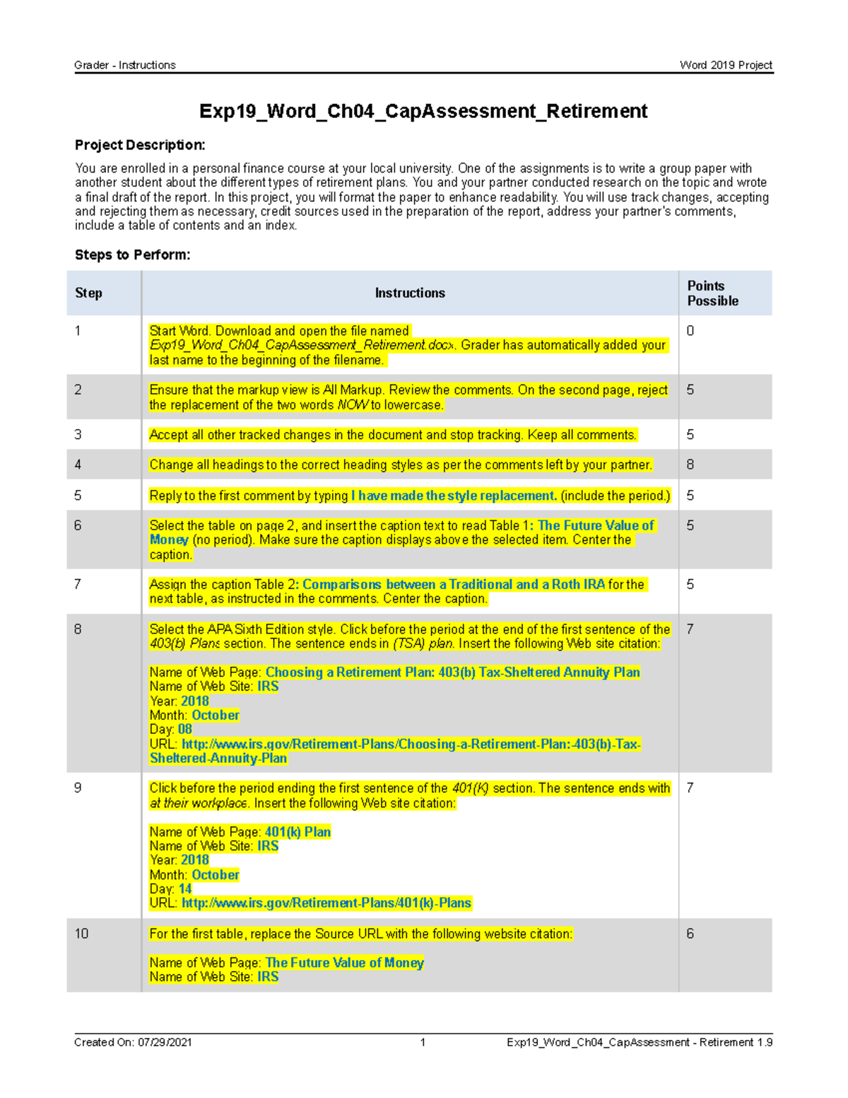 Exp19 Word Ch04 Cap Assessment Retirement Instructions Grader