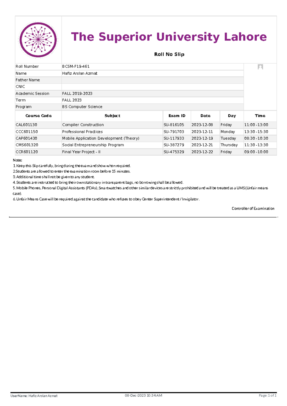 Exam slip - The Superior University Lahore Roll No Slip Roll Number ...