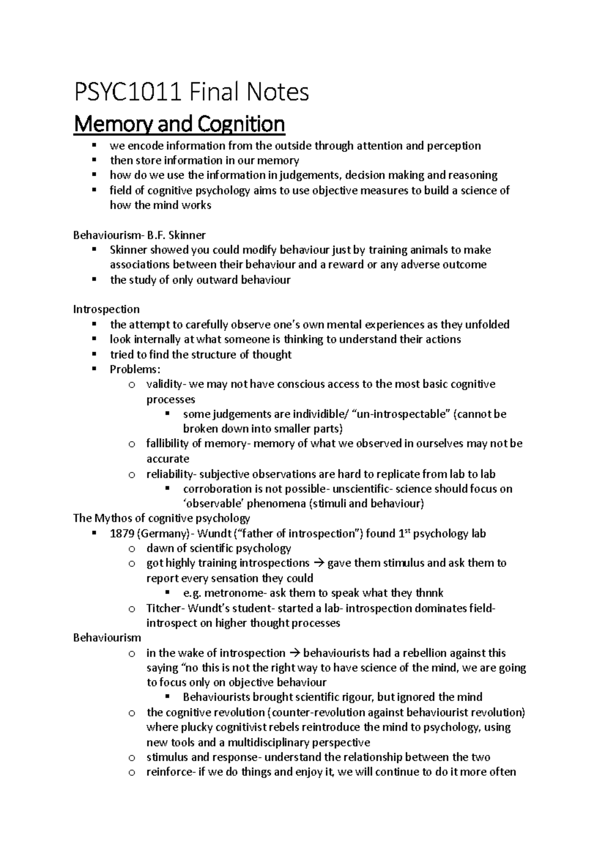 PSYC1011 Final Notes - PSYC1011 Final Notes Memory and Cognition we ...