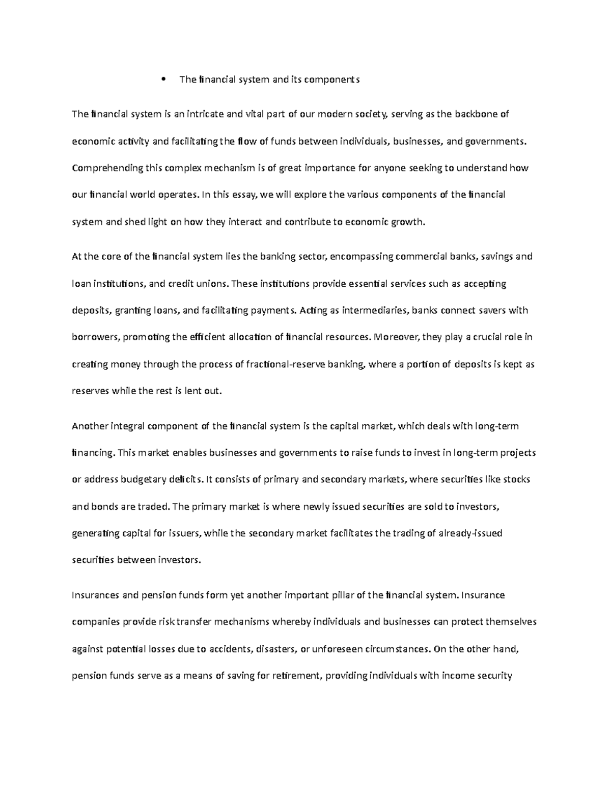 introduction to financial system essay