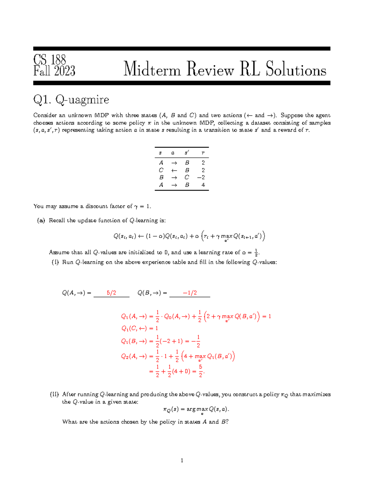 Mtrlsols midterm sol CS 188 Fall 2023 Midterm Review RL Solutions