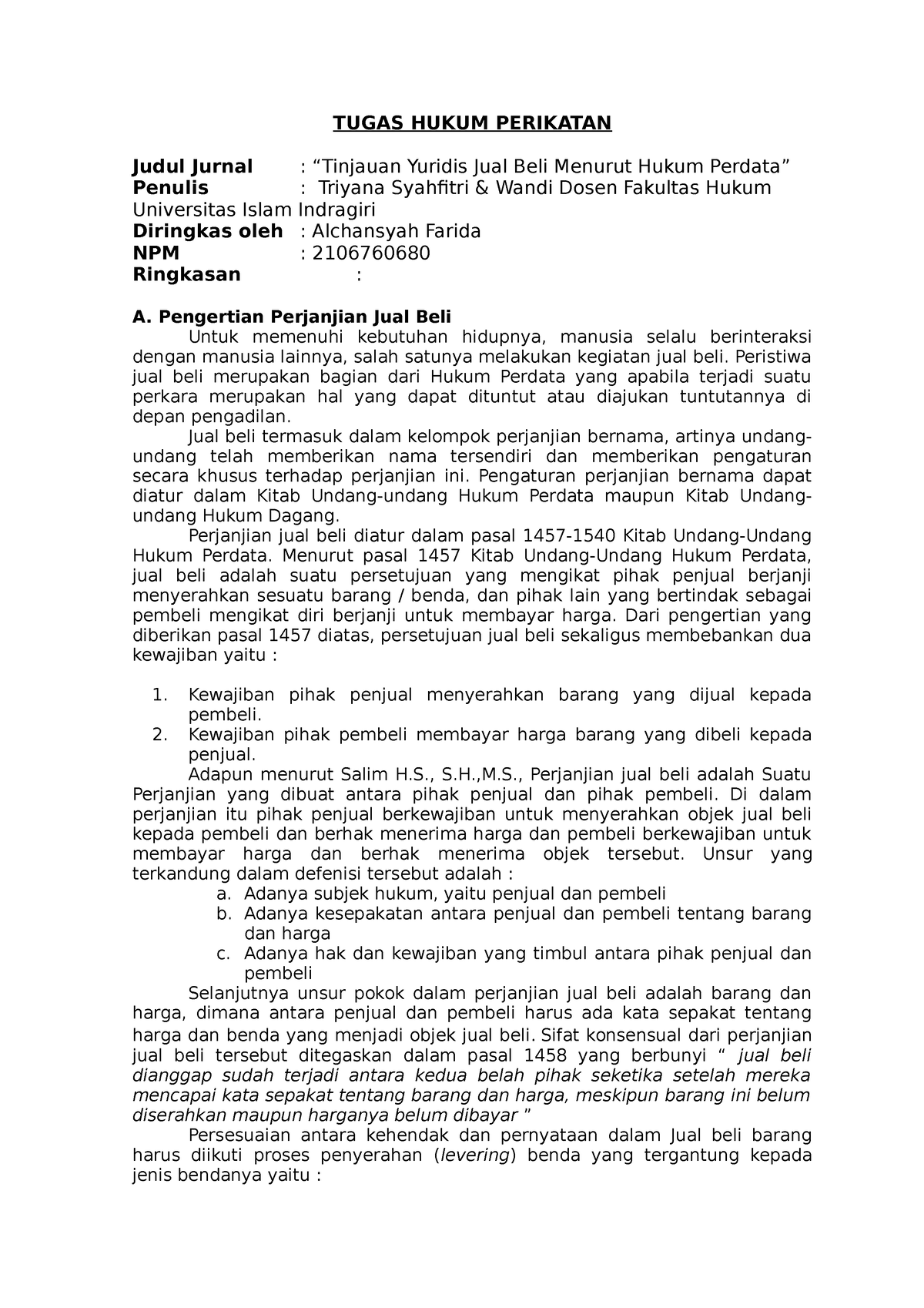 Tugas Perdata Meringkas Jurnal Hukum Perikatan - TUGAS HUKUM PERIKATAN ...