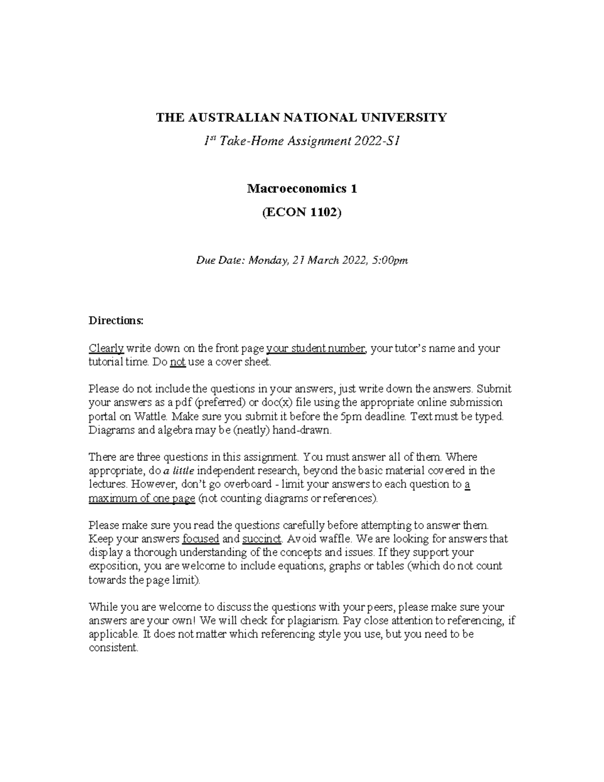 Assignment 1 ECON1102 (2022-S1) - THE AUSTRALIAN NATIONAL UNIVERSITY 1 ...