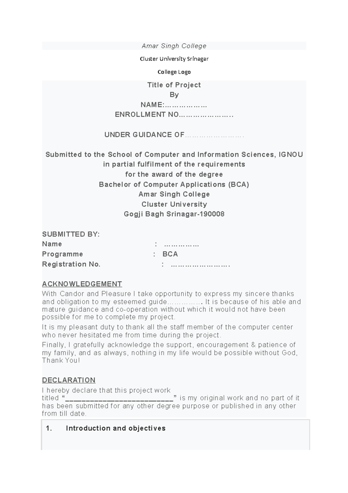 Project Report Format Amar Singh College Cluster University Srinagar