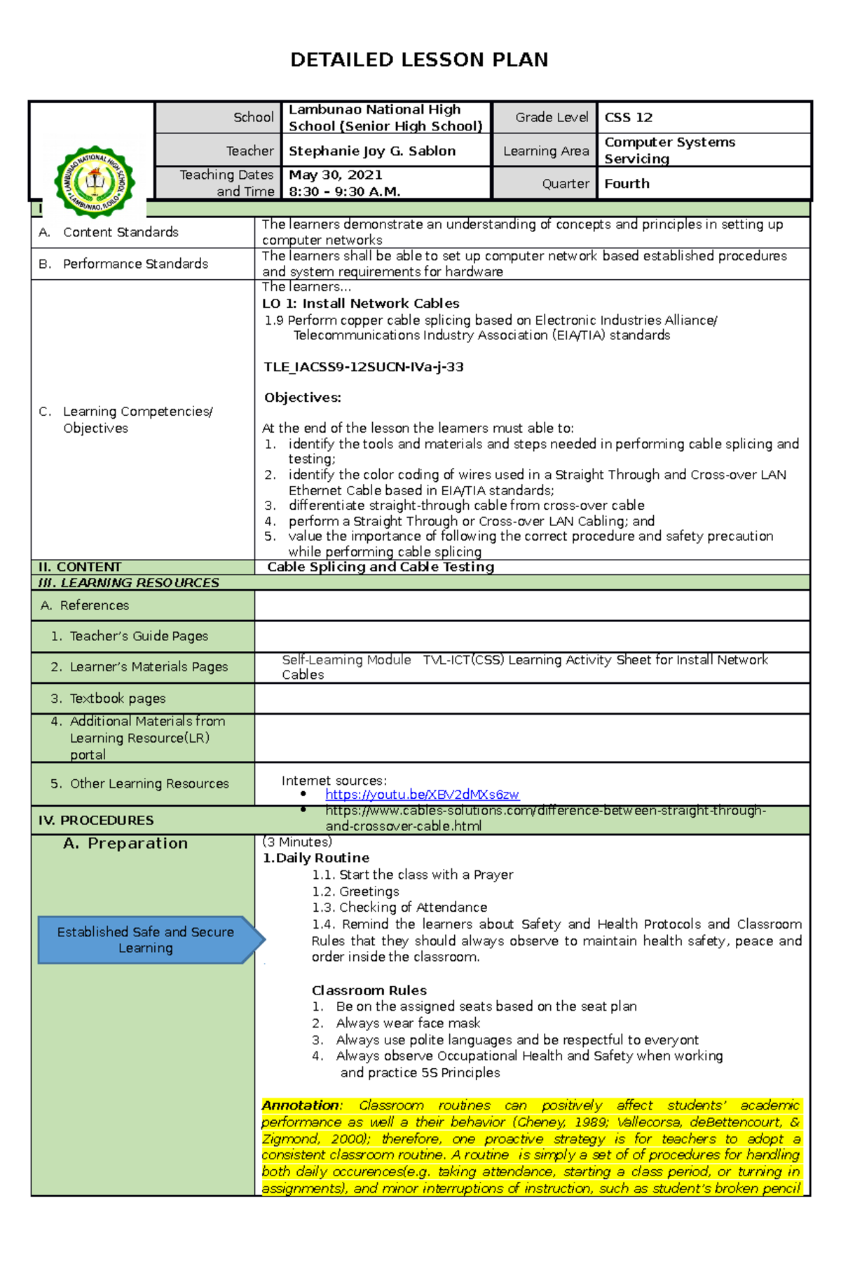 Cable Splicing Lesson Plan - DETAILED LESSON PLAN School Lambunao ...