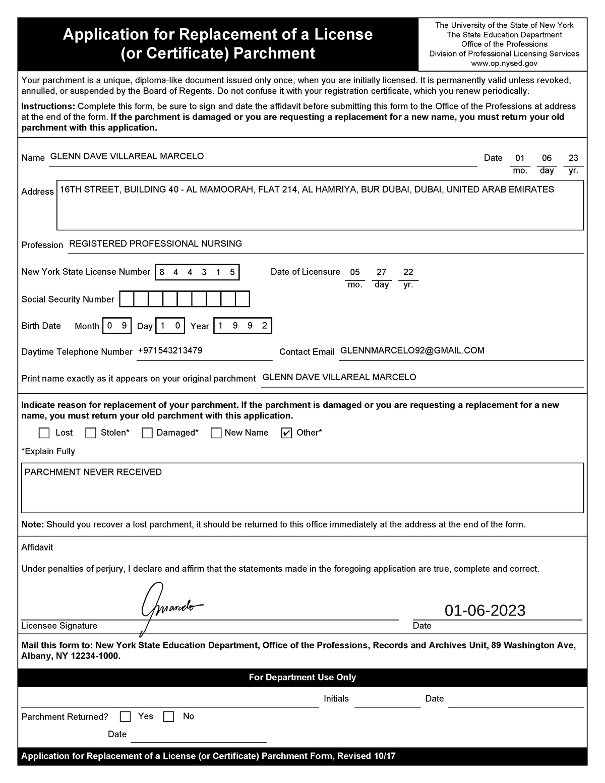 Parchment Replacement (No Fee) The University of the State of New