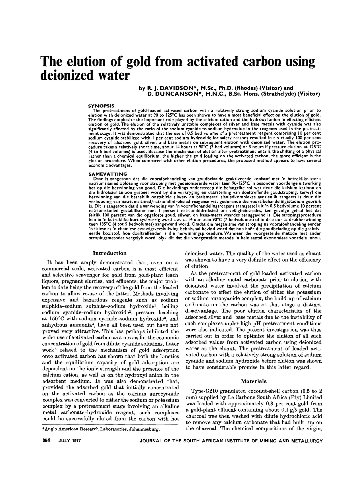 The elution of gold from activated carbon using deionized water ...