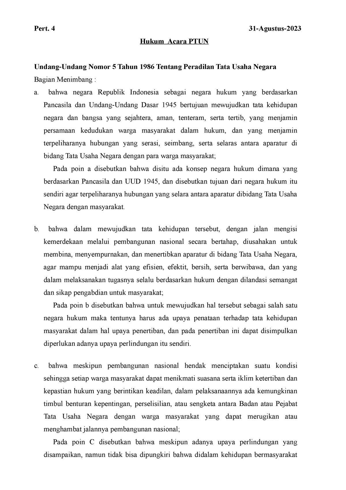 Catatan PTUN - Pert. 4 31-Agustus- Hukum Acara PTUN Undang-Undang Nomor ...