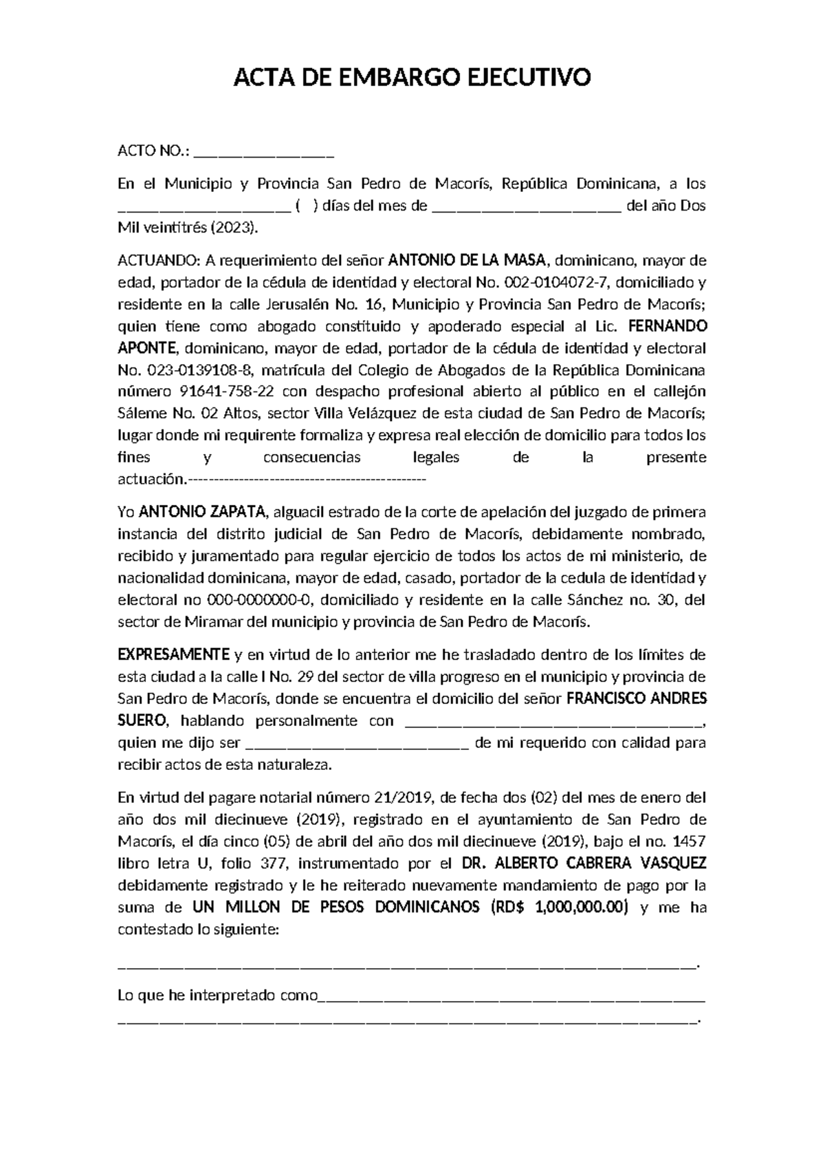 Acta de Embargo Ejecutivo - ACTA DE EMBARGO EJECUTIVO ACTO NO ...