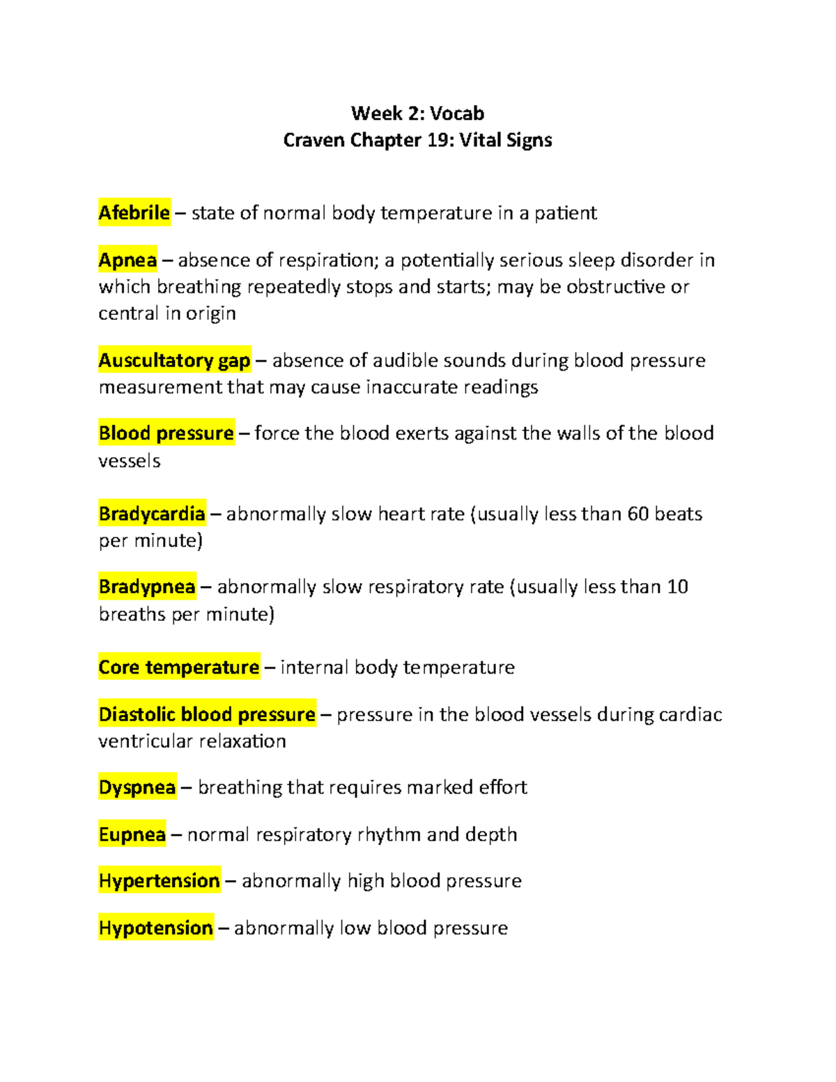 VS Vocab - Carmines - Week 2: Vocab Craven Chapter 19: Vital Signs ...