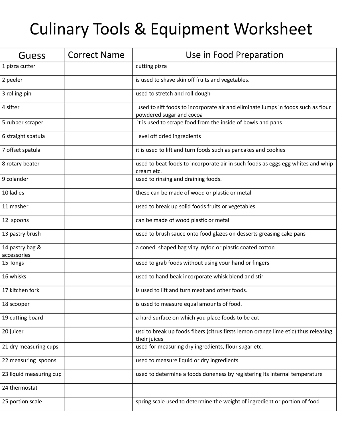 Food Preparation Tools Content Sheet, Worksheet And Answer Key