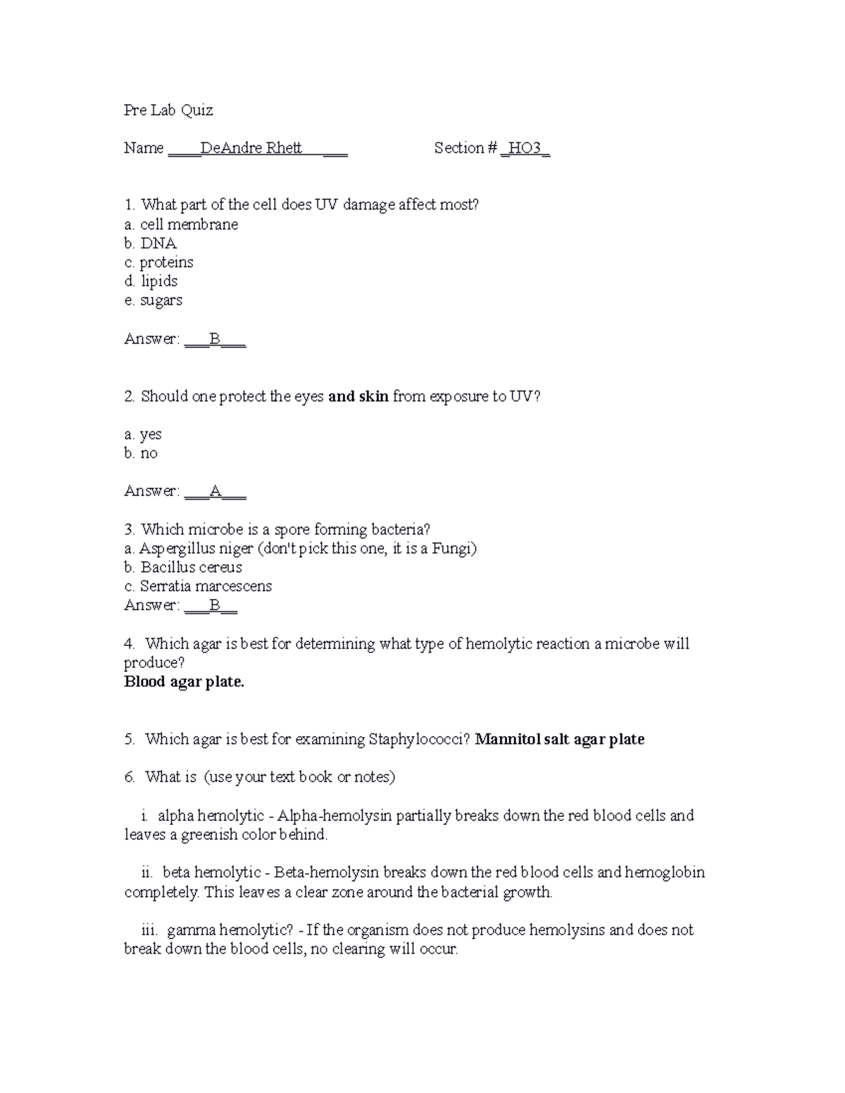 Rpre Lab Quiz Uv, Normal Flora - Pre Lab Quiz Name     Deandre Rhett 