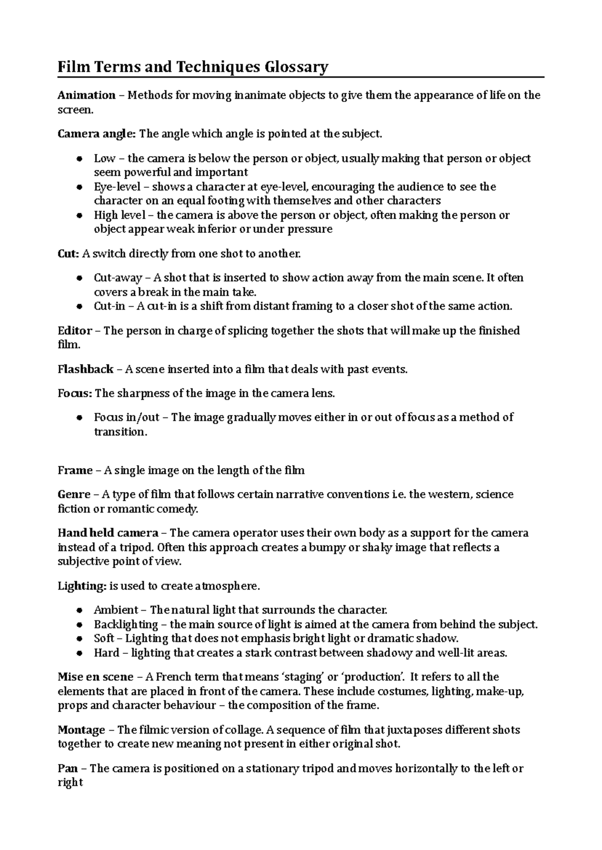Film Techniques Glossary - Film Terms and Techniques Glossary Animation ...