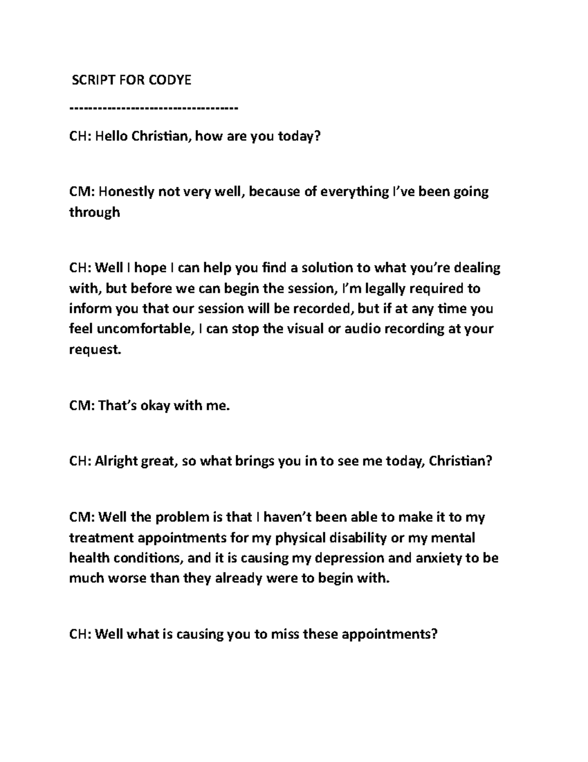 Script mod 3 for video interview - SCRIPT FOR CODYE Hello Christian ...