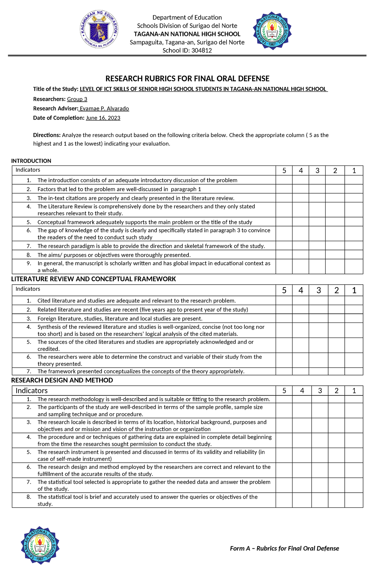 Rubric for Final Defense - Schools Division of Surigao del Norte TAGANA ...