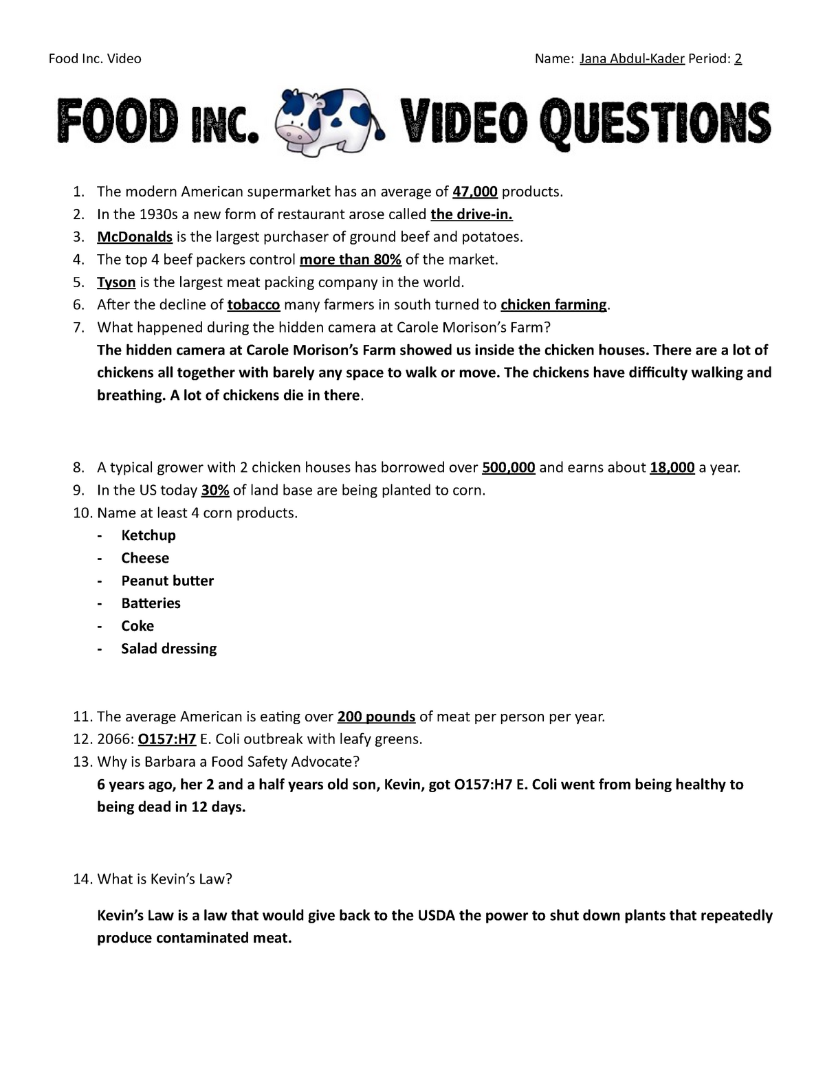Food Inc Worksheet - Food Inc movie questions and answers. - Food For Food Inc Movie Worksheet Answers