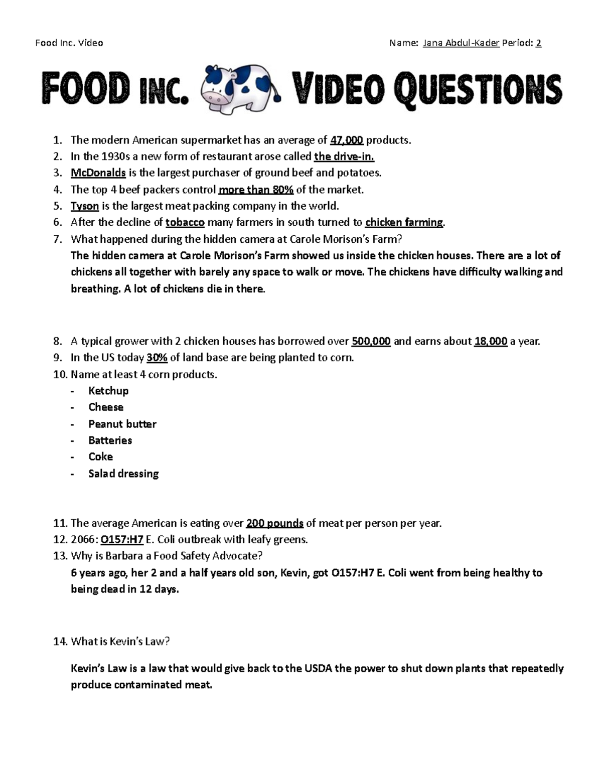 Food Inc Worksheet - Food Inc movie questions and answers. - Food Pertaining To Food Inc Worksheet Answers