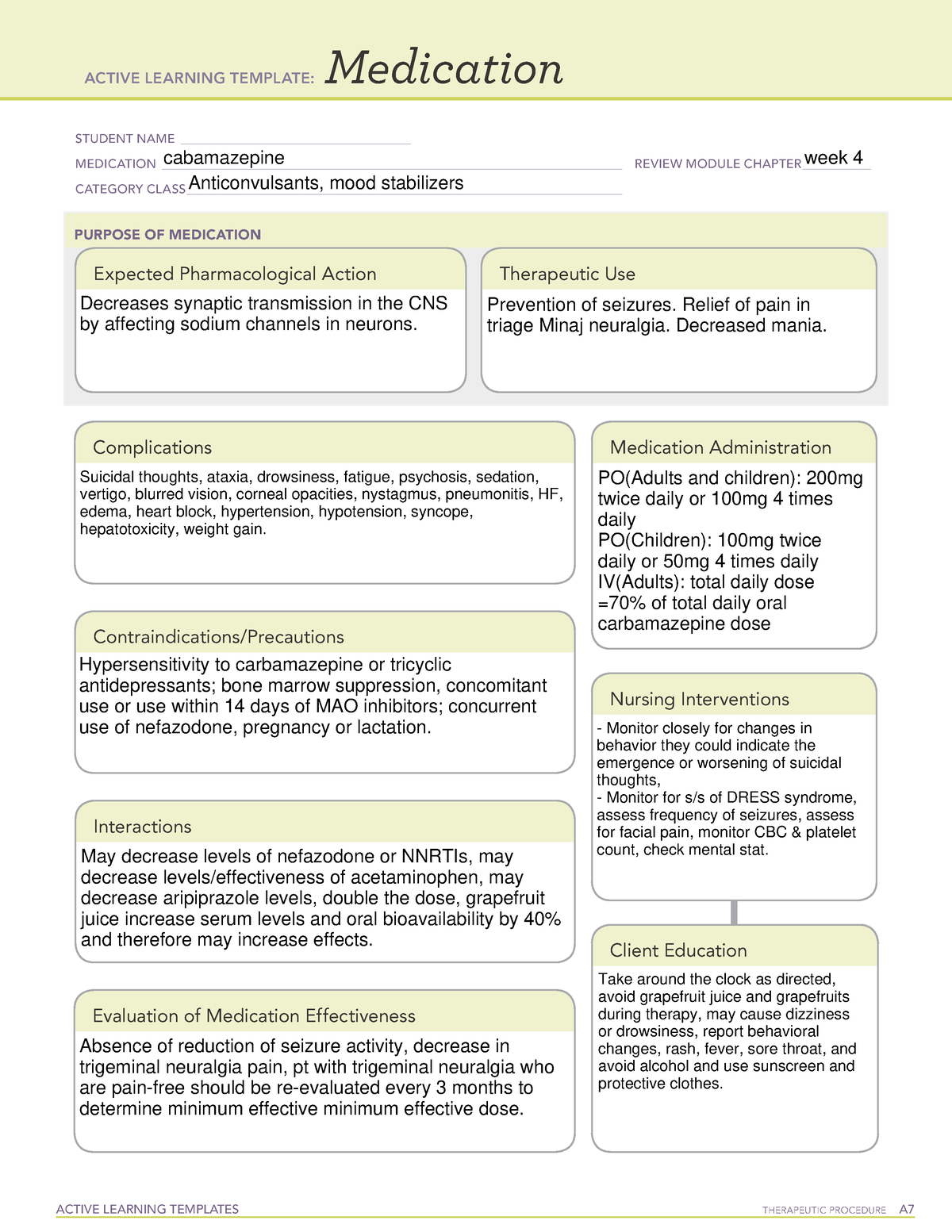 Carbamazepine durg card ACTIVE LEARNING TEMPLATES THERAPEUTIC