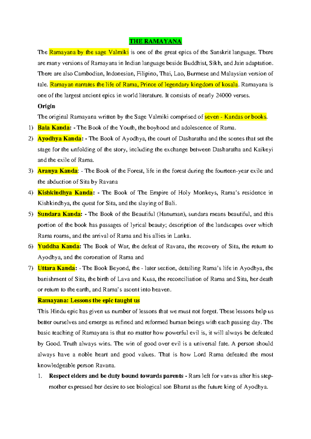 Lecture 7 ITCS - THE RAMAYANA The Ramayana by the sage Valmiki is one ...