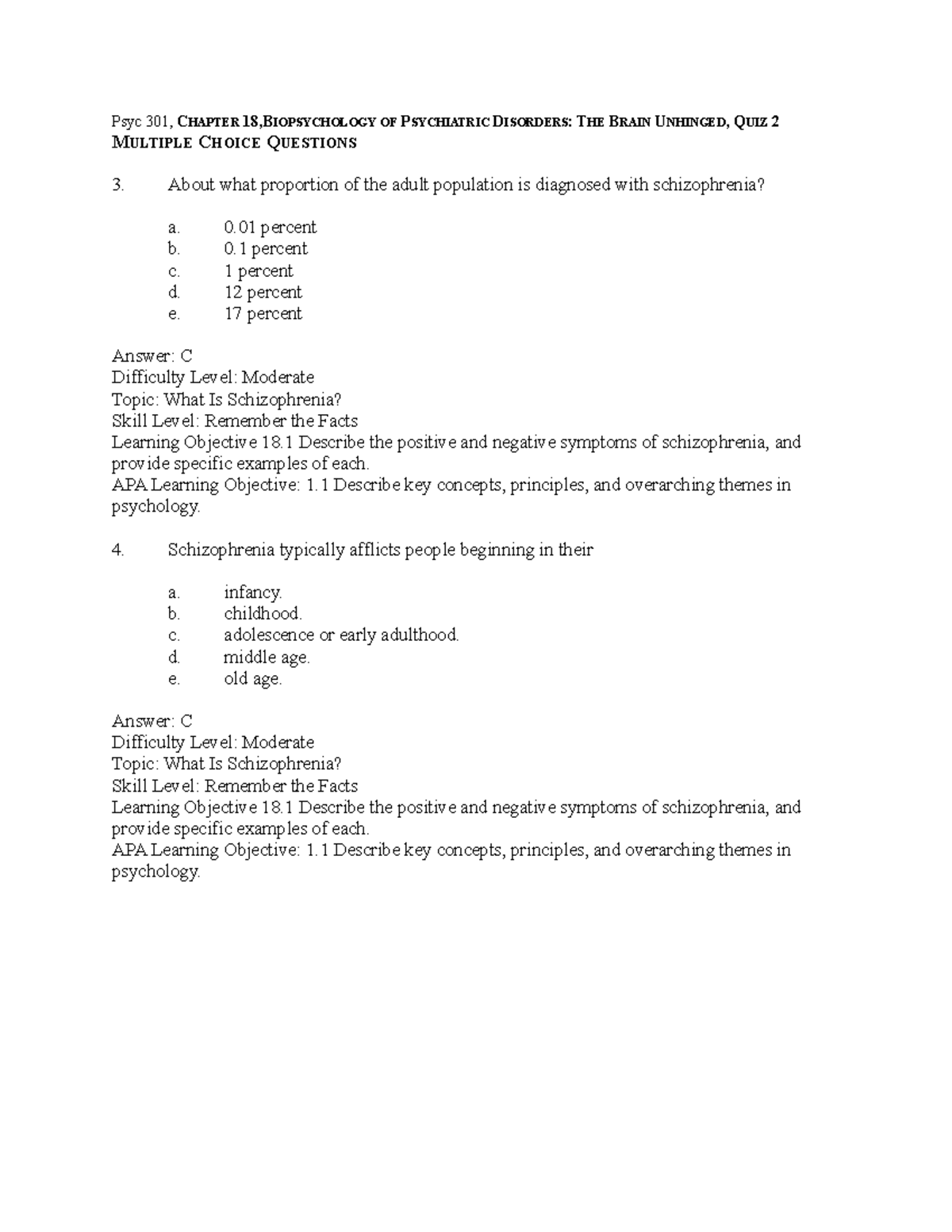 Psyc 301, Chapter 18, Biopsychology OF Psychiatric Disorders THE Brain ...