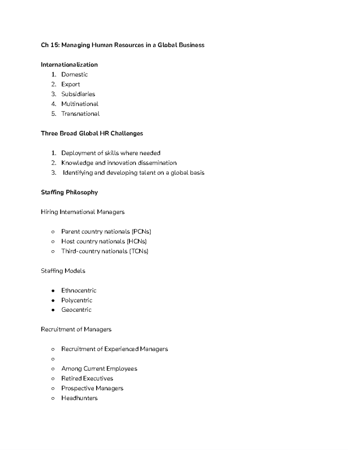 Ch15 notes - ADM 2337 - Ch 15: Managing Human Resources in a Global ...