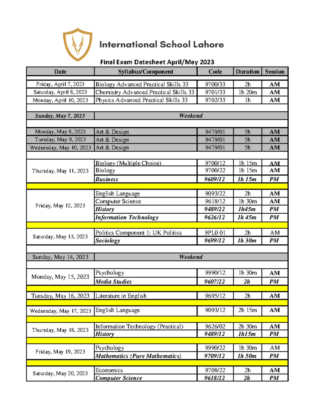 A1 Promotional Exams 2023 Datesheet Date Code