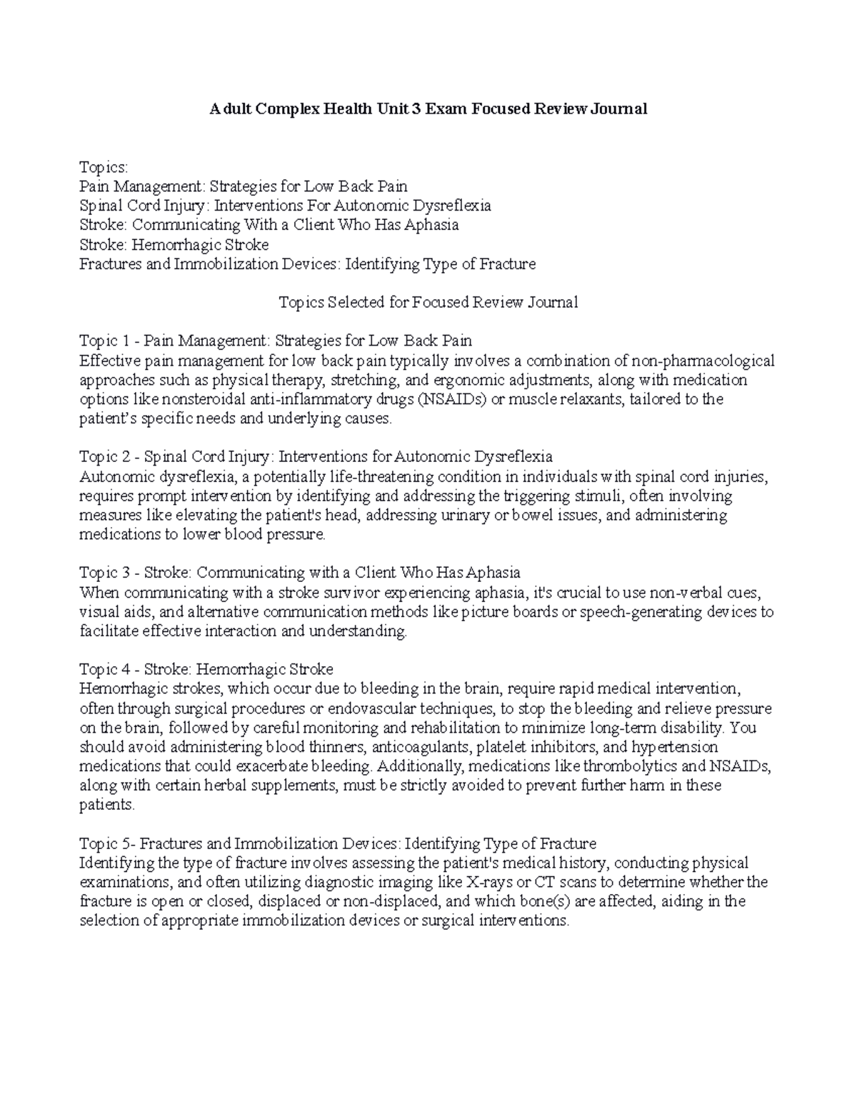 Focused Review Journal Template Exam 3 Adult Complex Health Unit 3