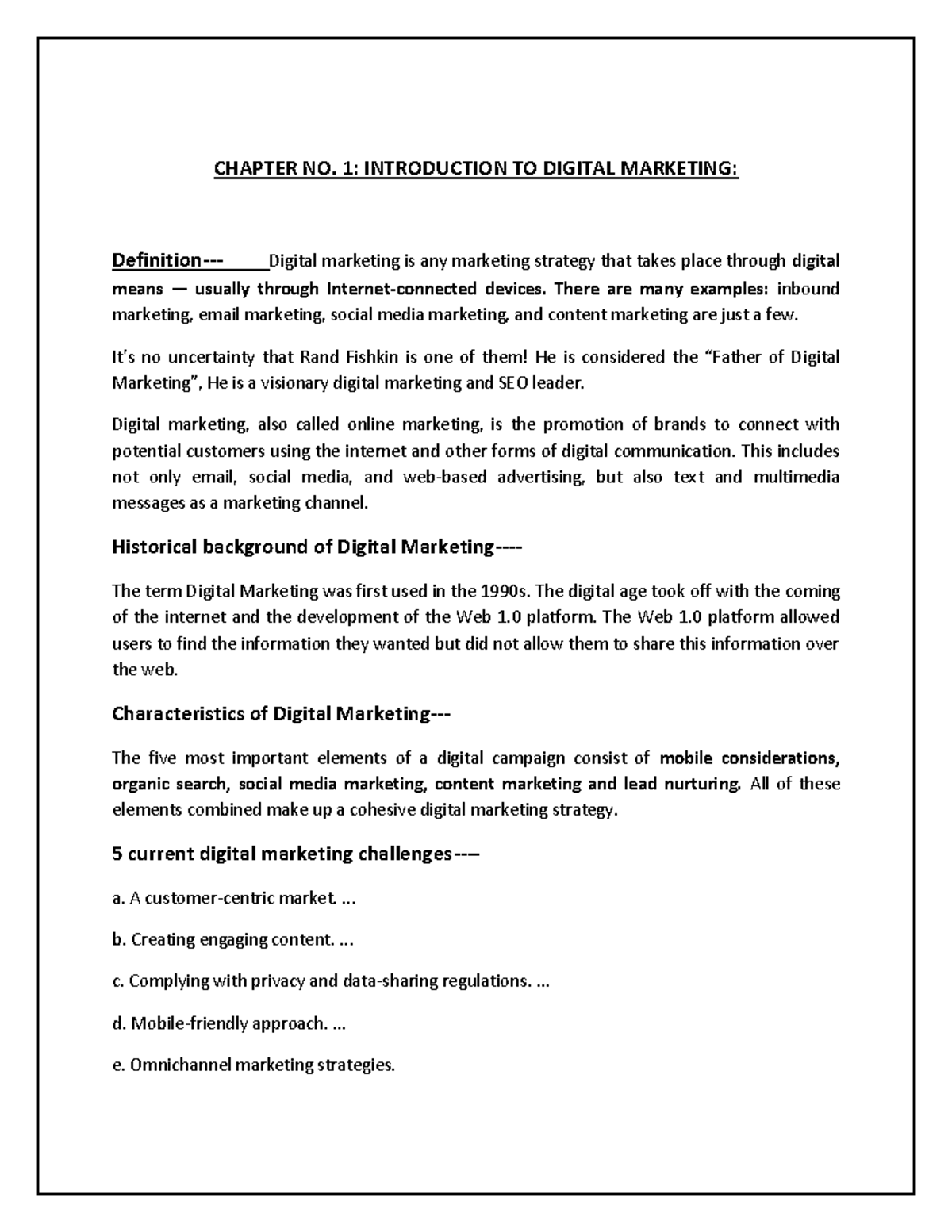 Digital marketing CHAPTER NO. 1 INTRODUCTION TO DIGITAL MARKETING