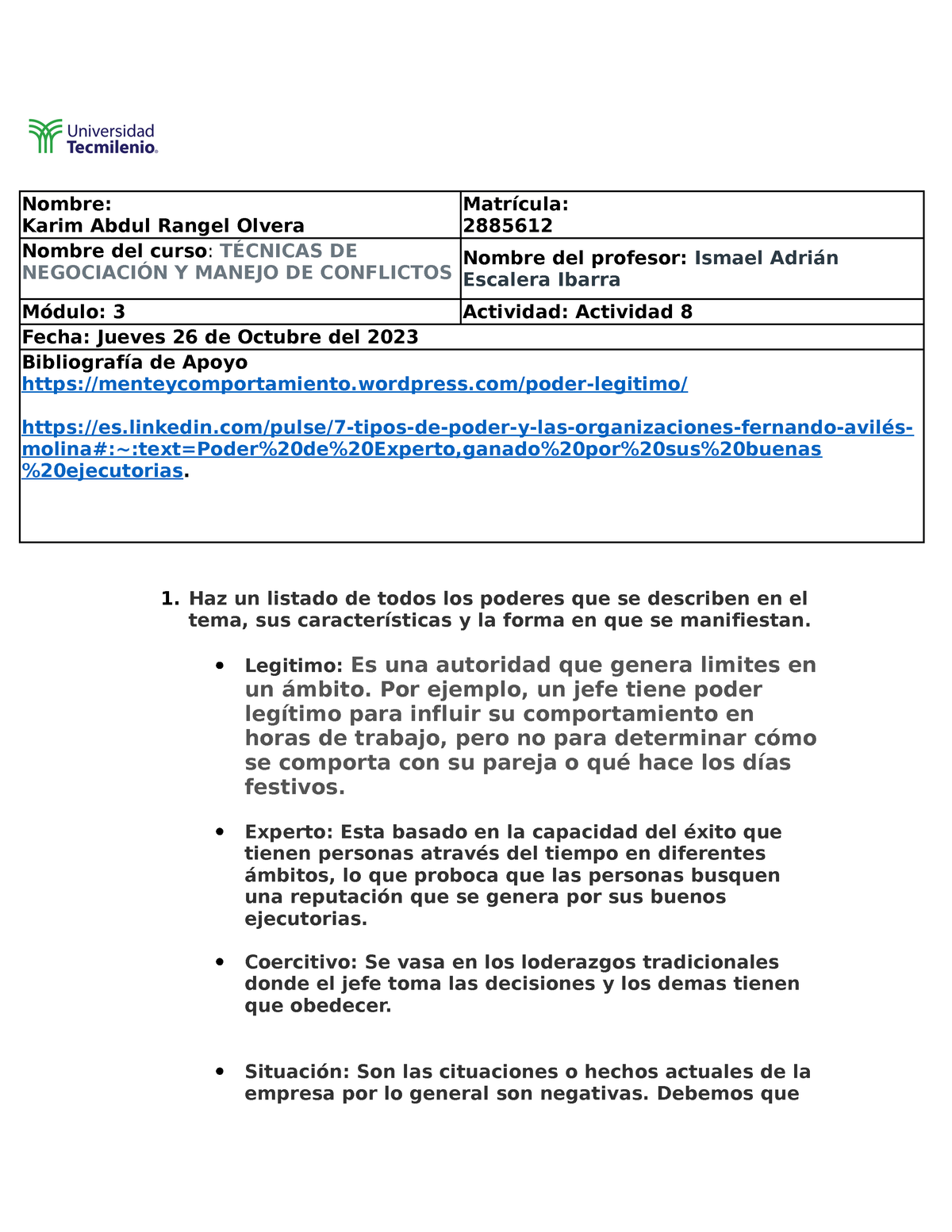 Actividad 8 De TÉ Cnicas DE NegociacióN Y Manejo DE Conflictos - Nombre ...