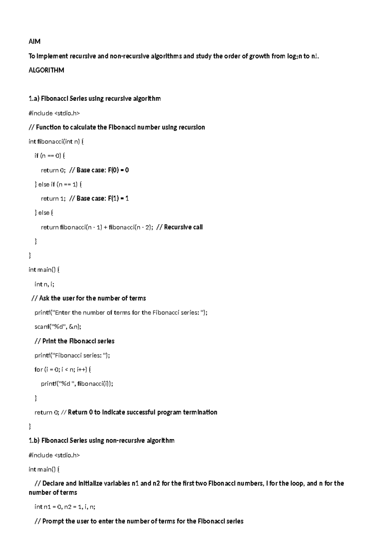 DAA lab manual AIM To implement recursive and nonrecursive