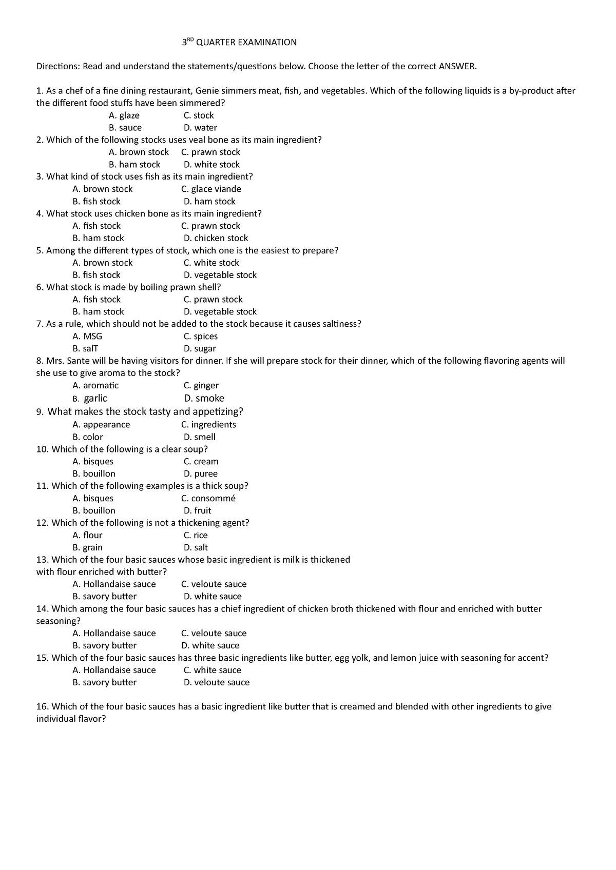 3rd Exam Cookery 10 - Third Quarterly Examination - 3 RD QUARTER ...