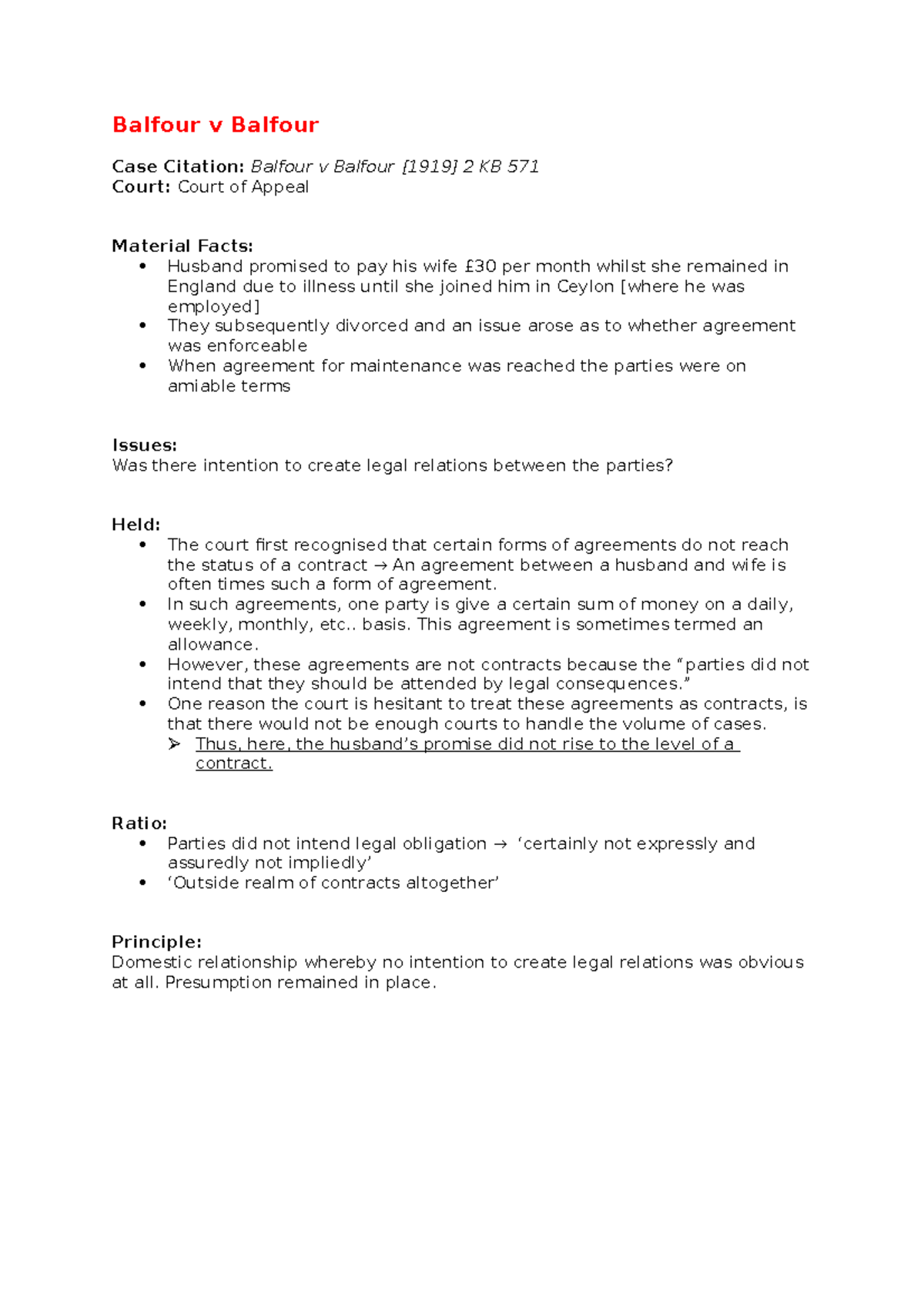 Balfour v Balfour Case Summary Balfour v Balfour Case Citation
