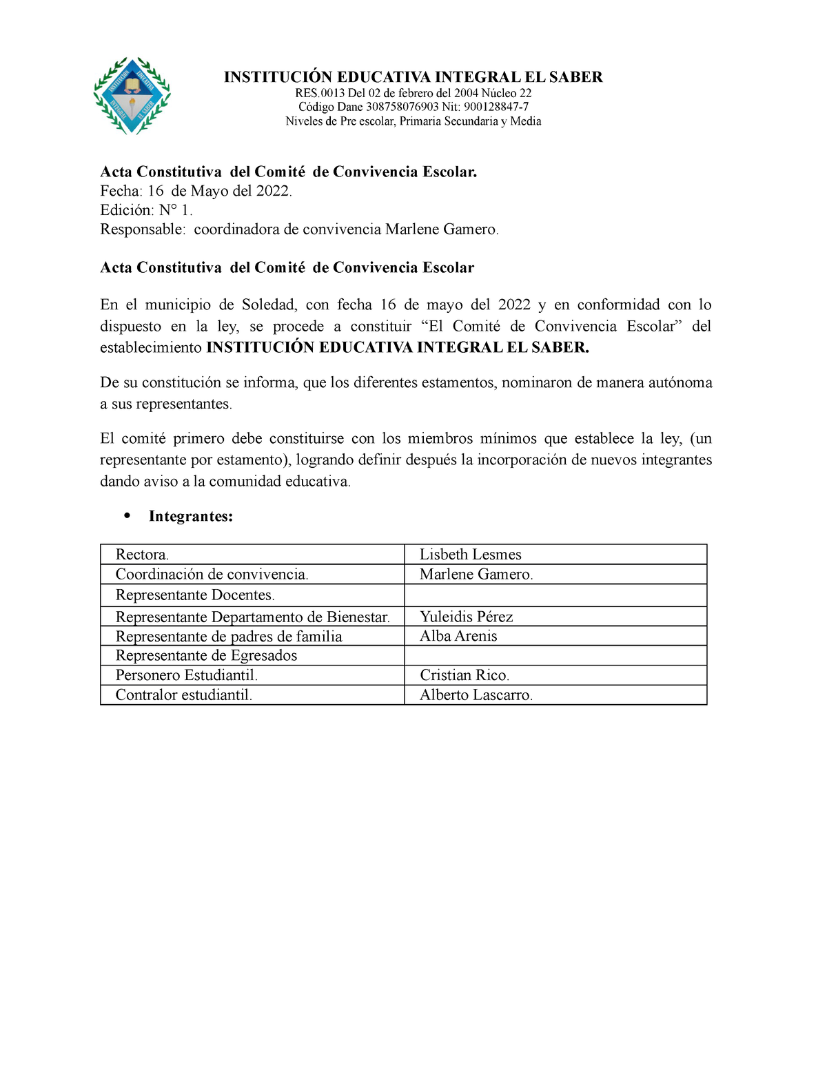 Acta Conformacion Del Gobierno Escolar 2022 - INSTITUCIÓN EDUCATIVA ...