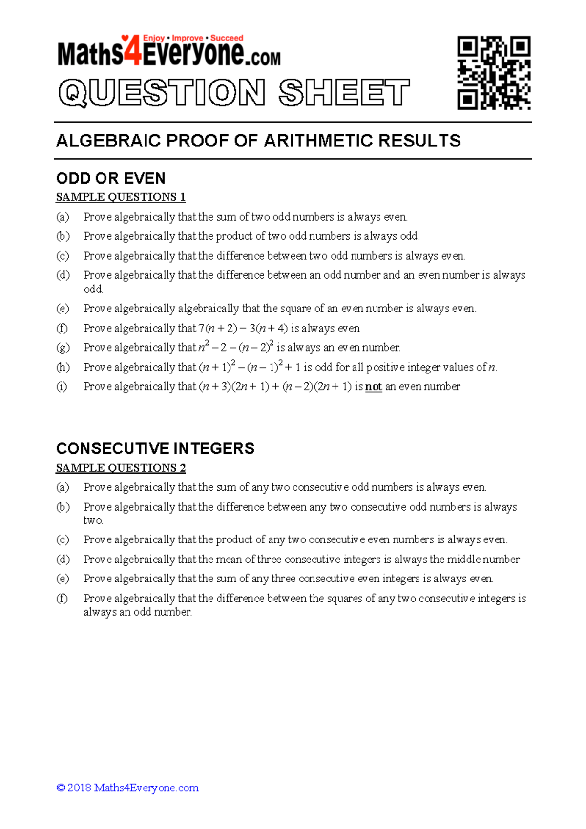 Algebraic Proof 2018 Maths4Everyone ALGEBRAIC PROOF OF ARITHMETIC