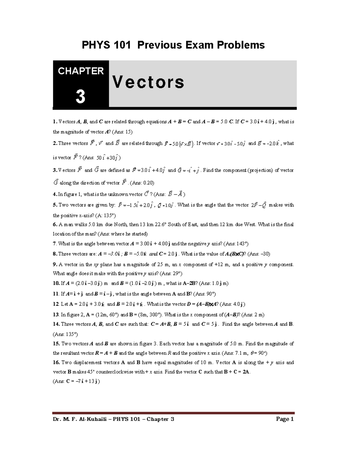 Chapter 3 - PHYS101 - PHYS 101 Previous Exam Problems CHAPTER 3 V E C T ...