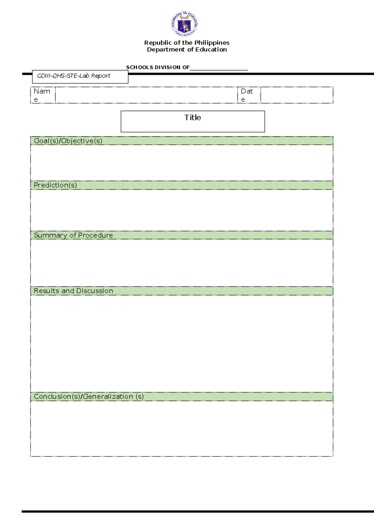 Laboratory report form for secondary school with laboratories ...