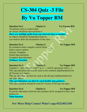 CS304 Quiz File By Vu Topper RM - Cs - 3 0 4 Important Mid Term Mcq’s ...