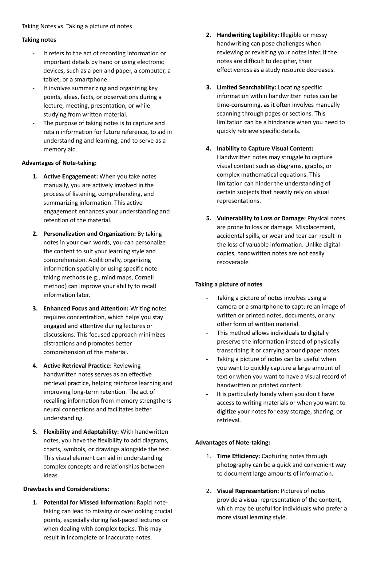 English - Taking Notes vs. Taking a picture of notes Taking notes - It ...