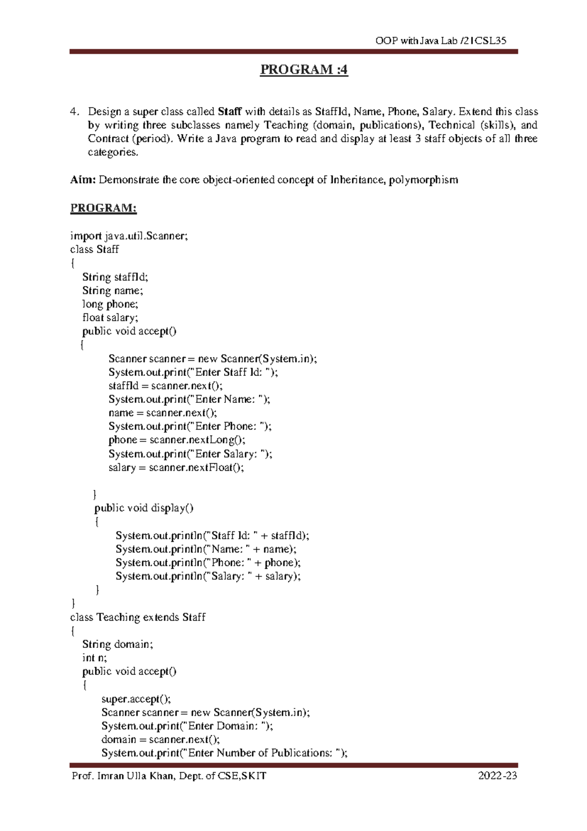 Java Program-4 - 21CSL35 - PROGRAM : Design A Super Class Called Staff ...