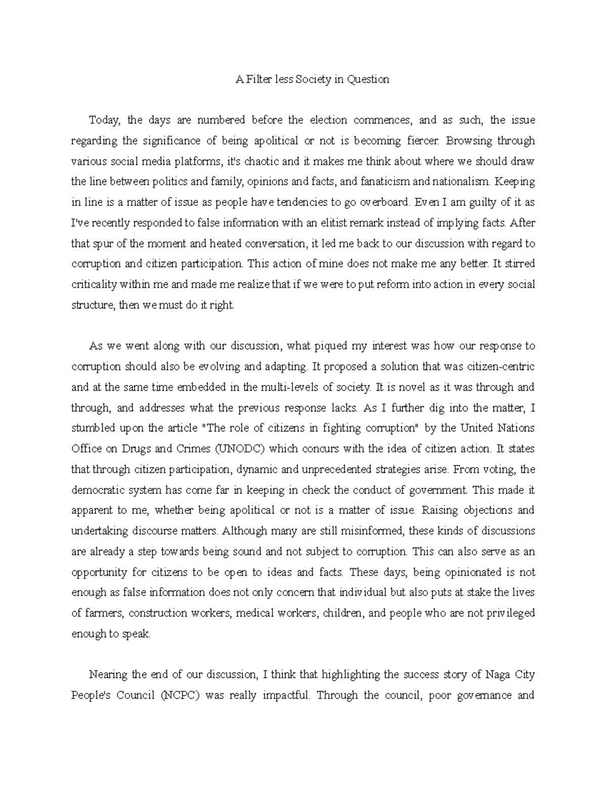 SA1 A Filterless Society in Question is a reflection paper about the