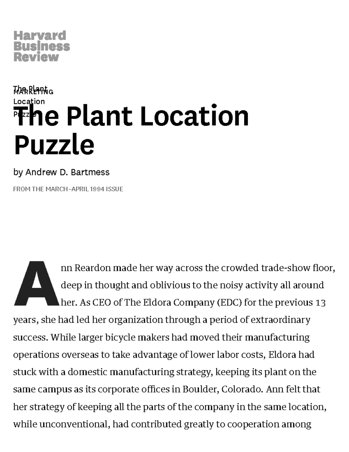 The Plant Location Puzzle MARKETING The Plant Location Puzzle By 