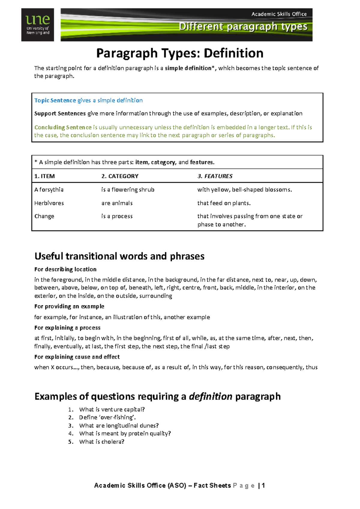 Paragraph-definition - Academic Skills Office (ASO) – Fact Sheets P a g ...
