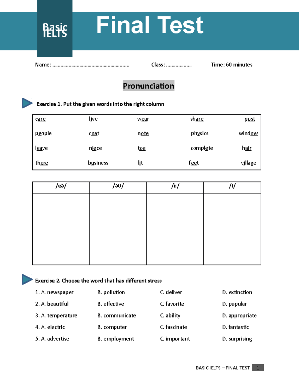 Basic Ielts - Final Test - Name