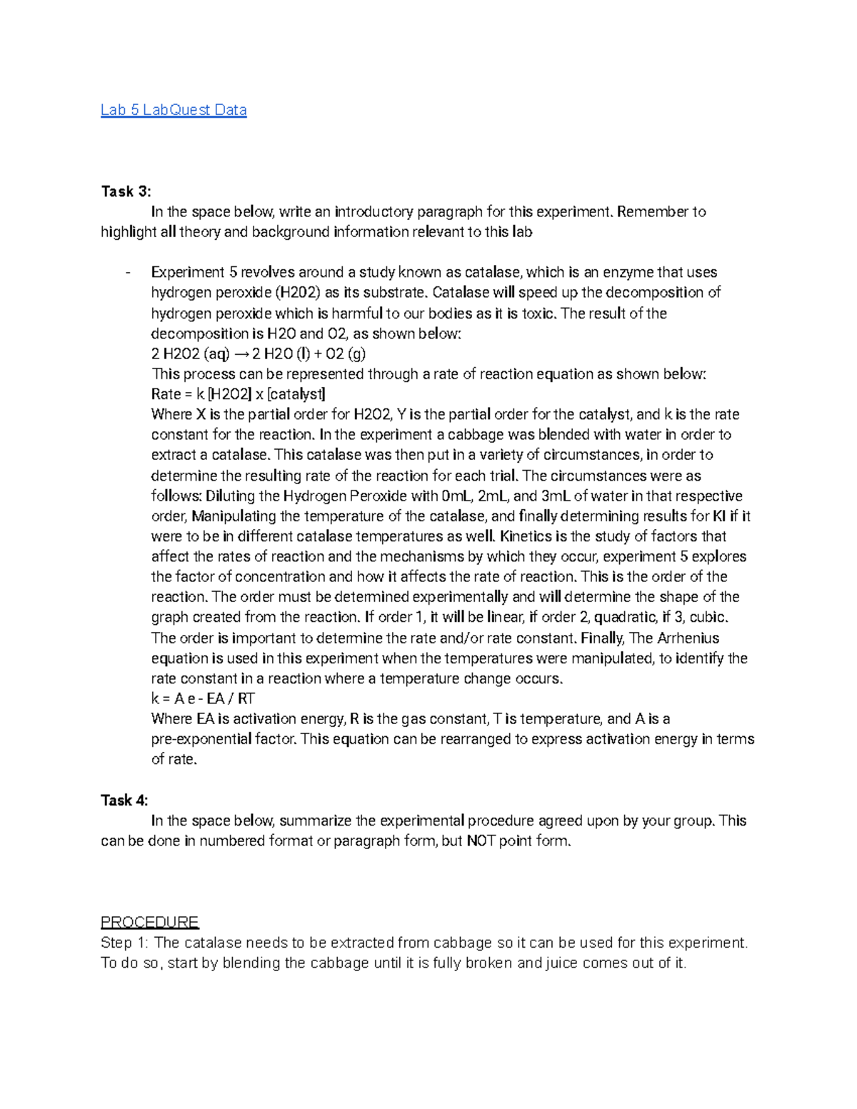 Lab 5 - Catalase - Lab 5 LabQuest Data Task 3: In the space below ...