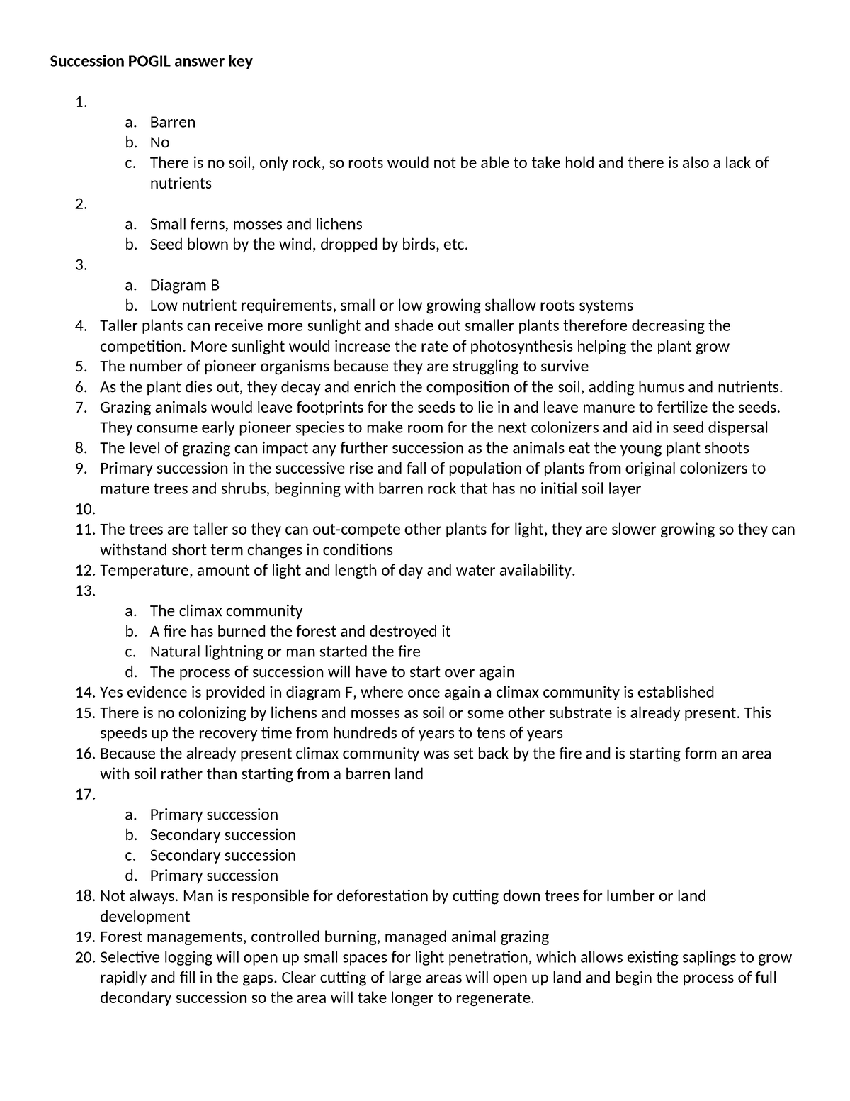 Succession Pogil answer key - Succession POGIL answer key 1. a. Barren ...